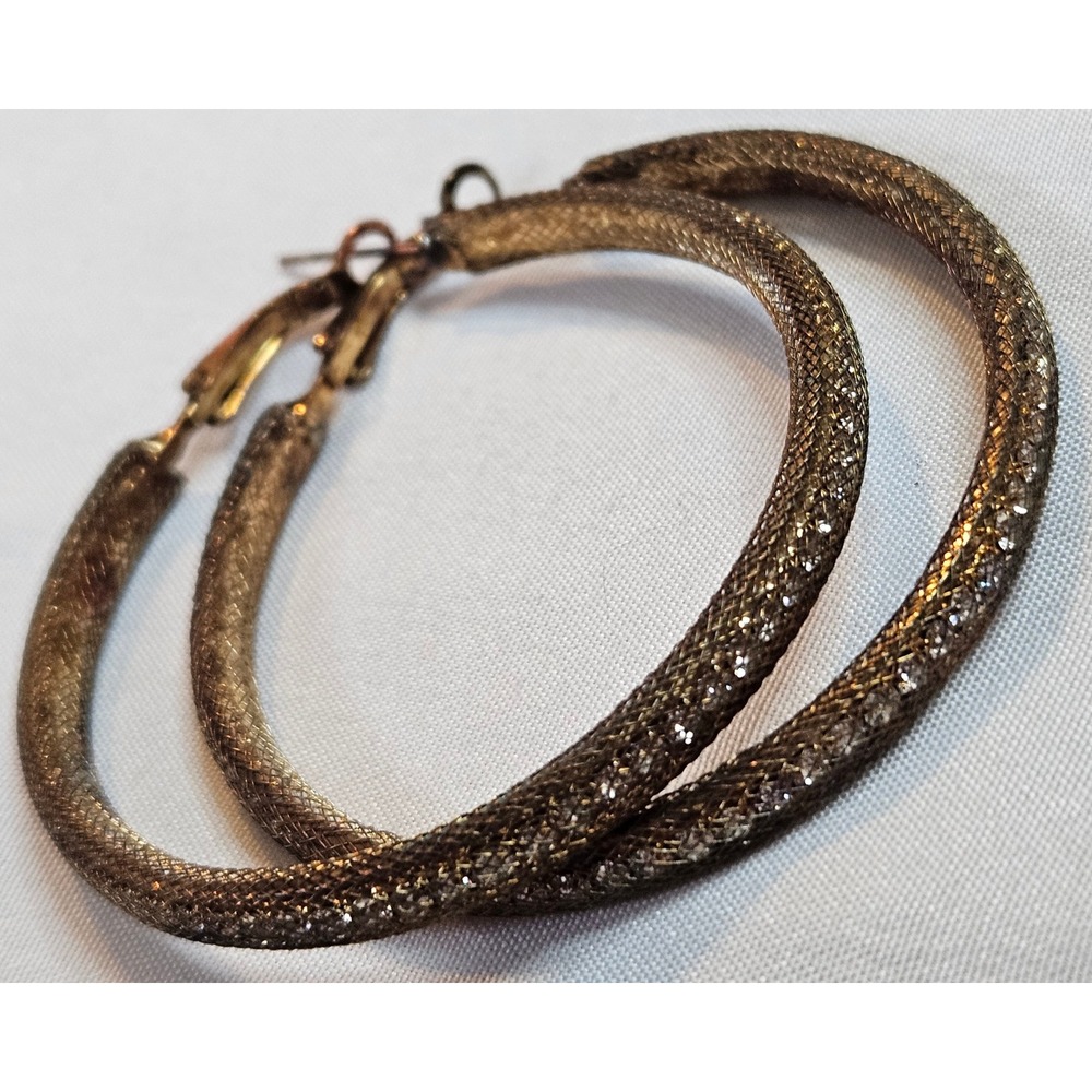 Bronze Tone Mesh Crystal Hoop Earrings Textured‎ Latch Back 2" Circular Fashion